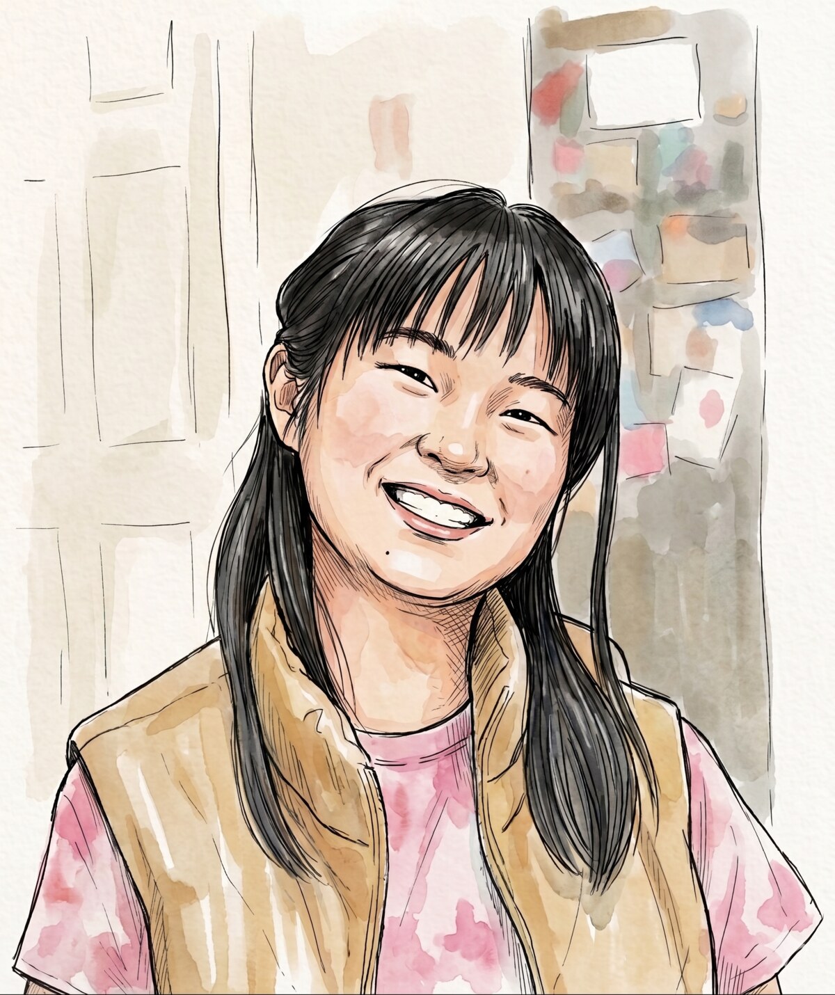 Watercolor and ink self-portrait of Emily Zhang.