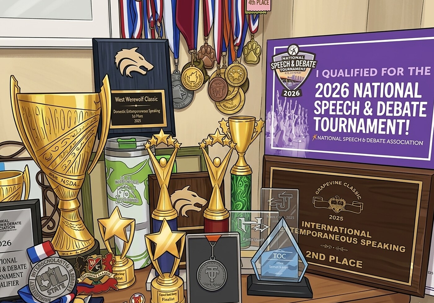 An illustrated shelf of Emily's speech & debate awards: National Speech & Debate Tournament qualifier, the Grapevine Classic and West Werewolf plaques, the Extemp Tournament of Champions trophy, cups and medals.